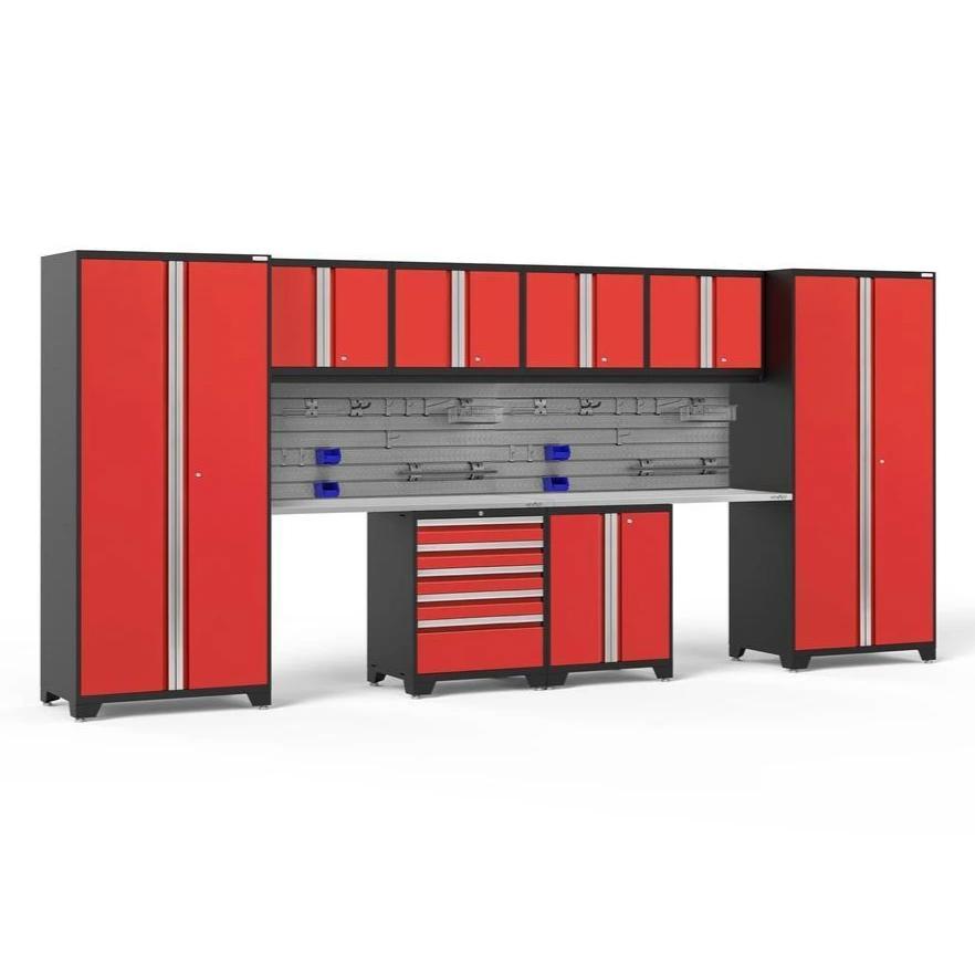 Newage Products Pro 3.0 Series 10-Piece Garage Cabinet Set With 2-Door Base Cabinet-54341-Red-Stainless Steel Worktop-Slatwall Backsplash + 12-Piece Hook Kit-Garage Giant