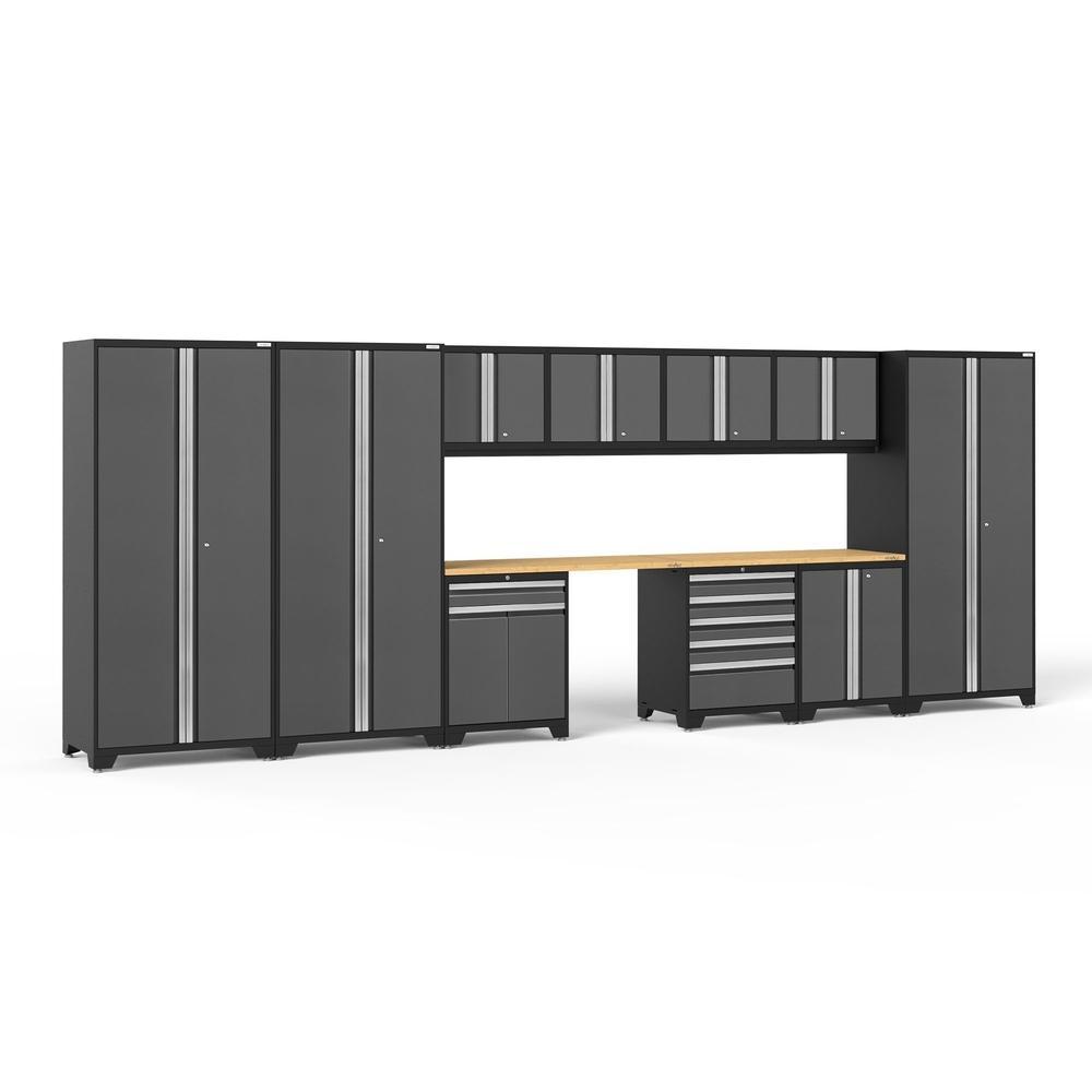 Newage Products Pro 3.0 Series 12-Piece Garage Cabinet Set With 3X Multi-Use Lockers-52118-Grey-Bamboo Worktop-None-Garage Giant