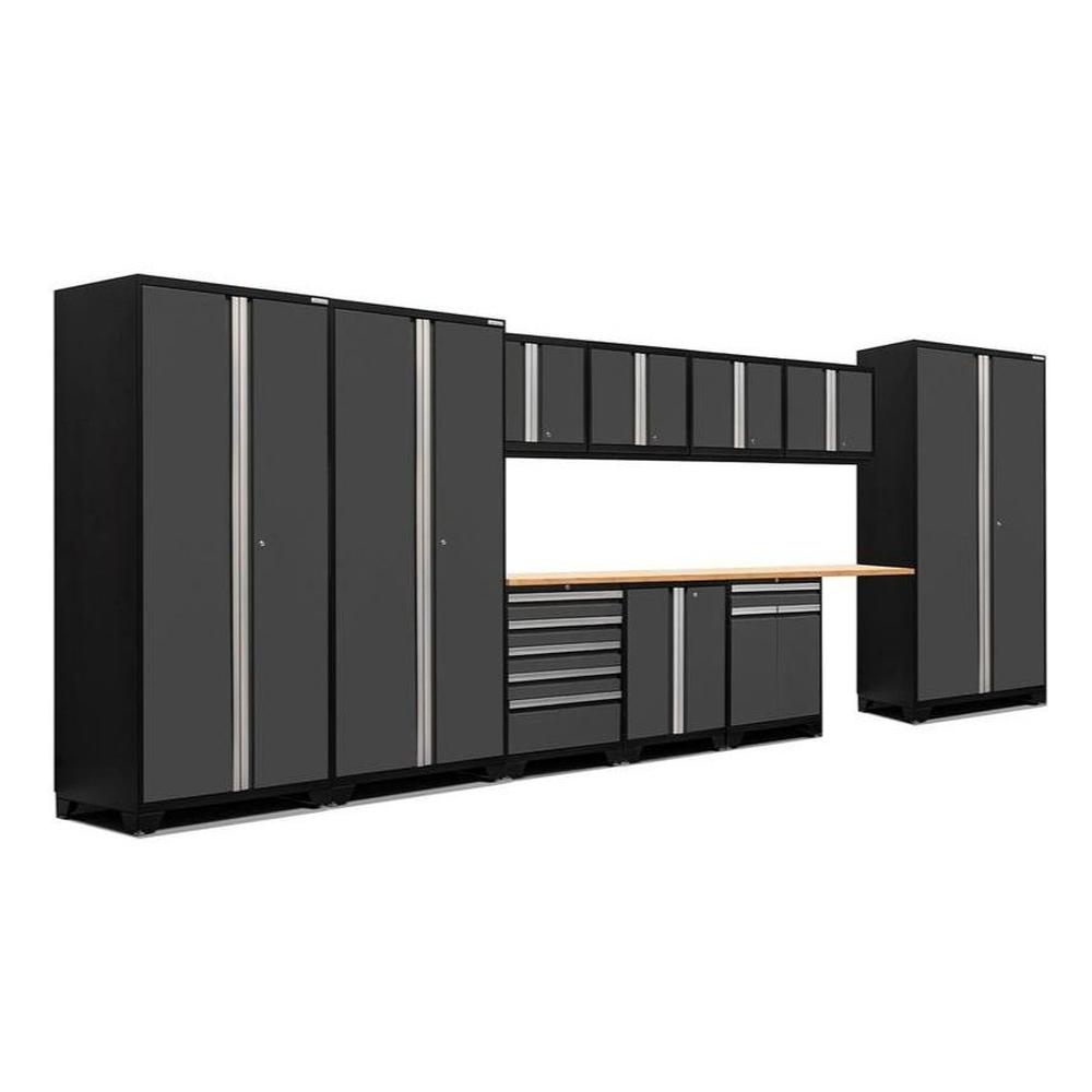 Newage Products Pro 3.0 Series 12-Piece Garage Cabinet Set With 3X Multi-Use Lockers-51990-Grey-Bamboo Worktop-LED Lights-Garage Giant