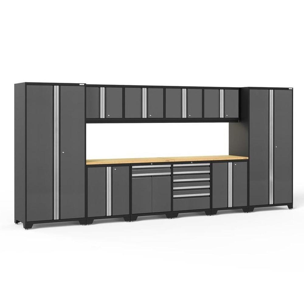 Newage Products Pro 3.0 Series 12-Piece Garage Cabinet Set-51992-Grey-Bamboo Worktop-LED Lights-Garage Giant