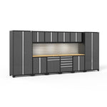 Newage Products Pro 3.0 Series 12-Piece Garage Cabinet Set-58510-Grey-Bamboo Worktop-LED Lights + Slatwall Backsplash-Garage Giant 