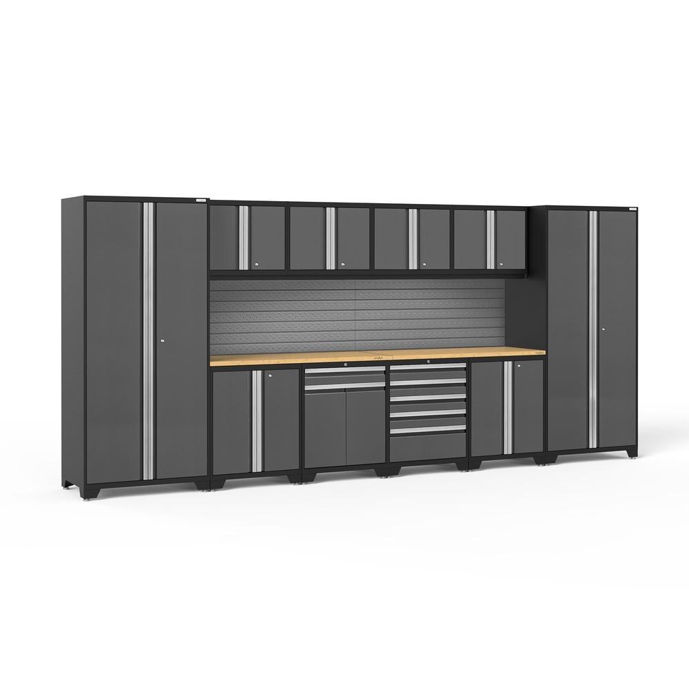 Newage Products Pro 3.0 Series 12-Piece Garage Cabinet Set-58509-Grey-Bamboo Worktop-Slatwall Backsplash-Garage Giant