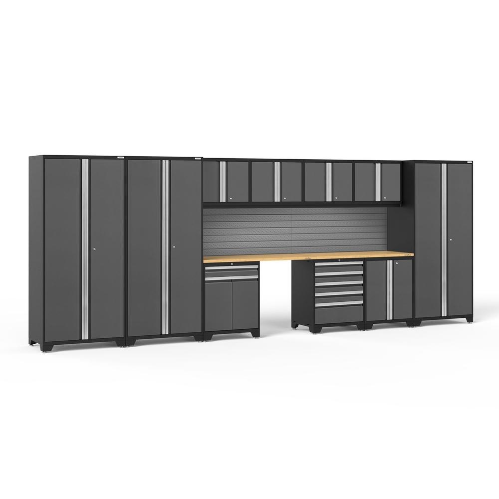 Newage Products Pro 3.0 Series 12-Piece Garage Cabinet Set With 3X Multi-Use Lockers-58521-Grey-Bamboo Worktop-Slatwall Backsplash-Garage Giant