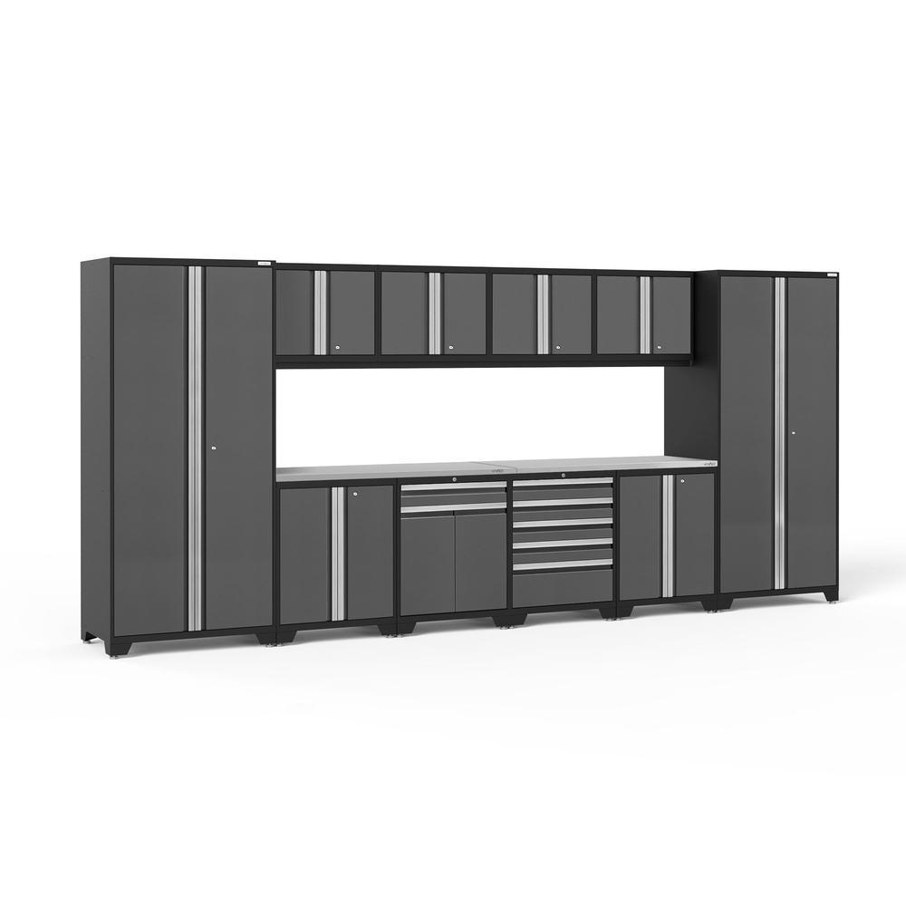 Newage Products Pro 3.0 Series 12-Piece Garage Cabinet Set-52154-Grey-Stainless Steel Worktop-None-Garage Giant