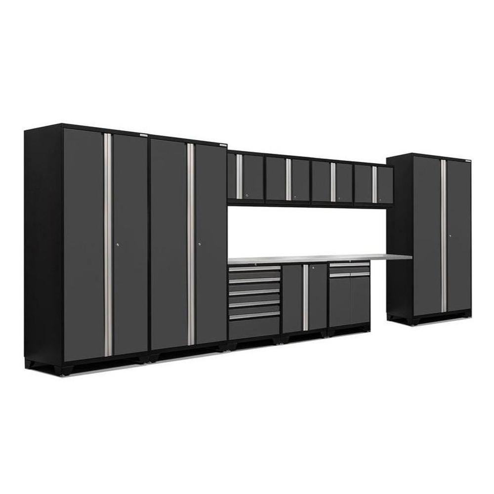 Newage Products Pro 3.0 Series 12-Piece Garage Cabinet Set With 3X Multi-Use Lockers-51991-Grey-Stainless Steel Worktop-LED Lights-Garage Giant
