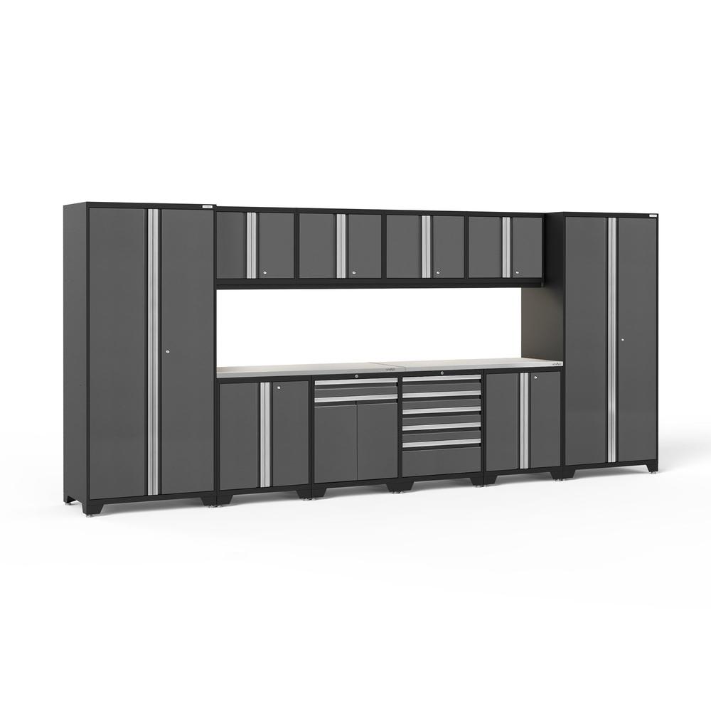 Newage Products Pro 3.0 Series 12-Piece Garage Cabinet Set-51993-Grey-Stainless Steel Worktop-LED Lights-Garage Giant