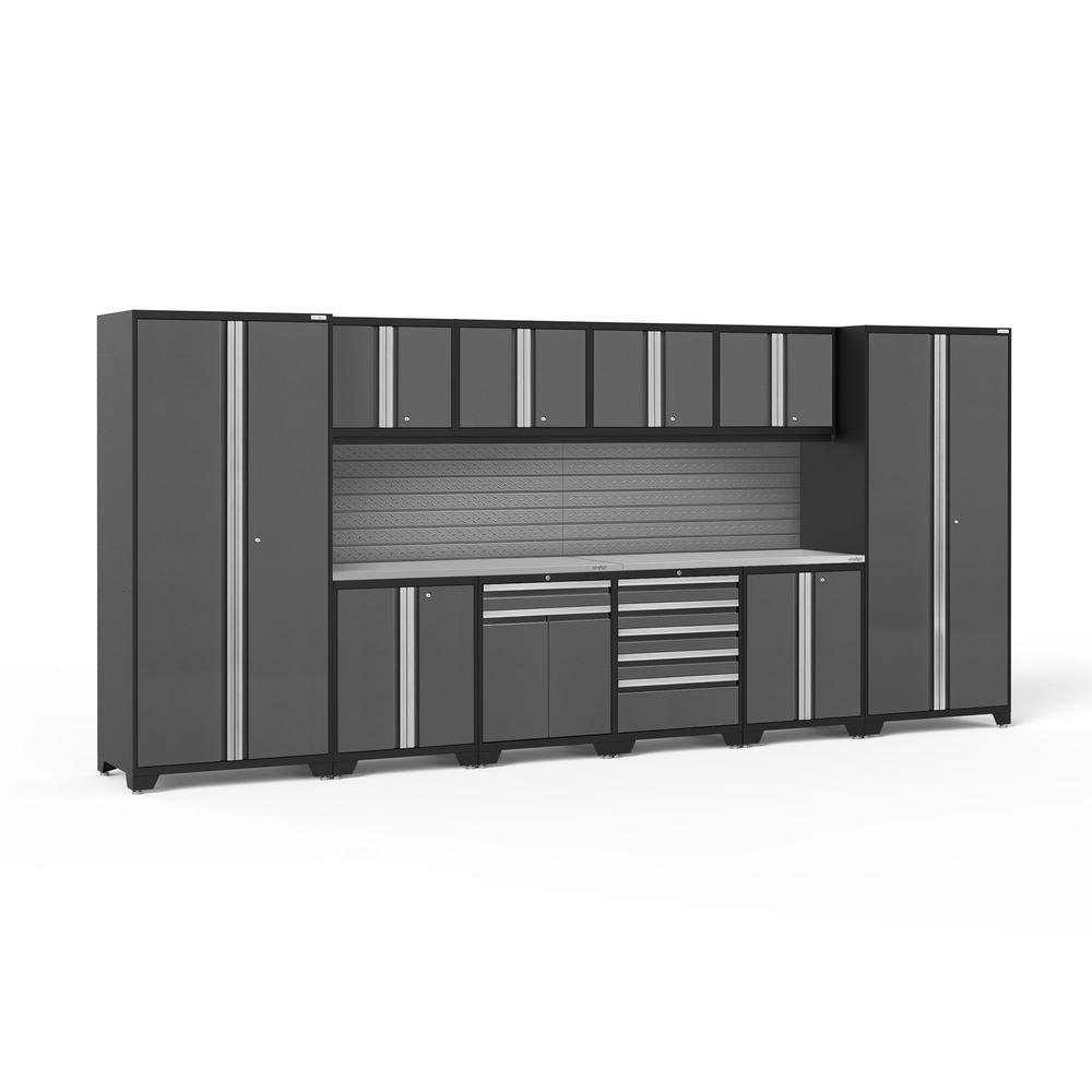 Newage Products Pro 3.0 Series 12-Piece Garage Cabinet Set-58511-Grey-Stainless Steel Worktop-Slatwall Backsplash-Garage Giant