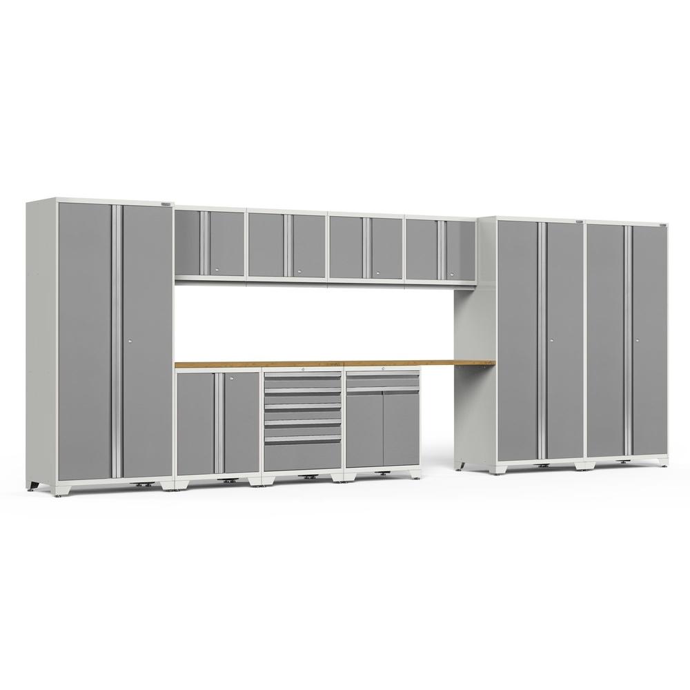 Newage Products Pro 3.0 Series 12-Piece Garage Cabinet Set With 3X Multi-Use Lockers-52518-Platinum-Bamboo Worktop-None-Garage Giant