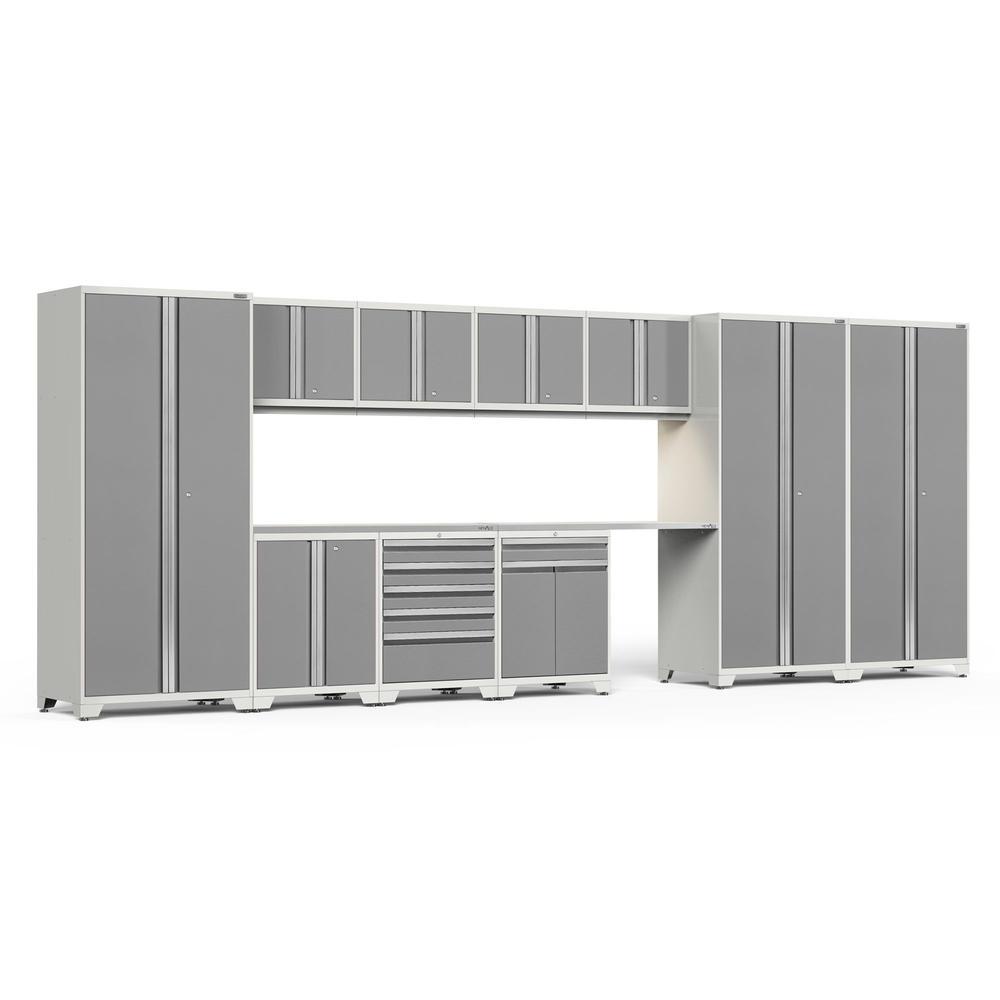 Newage Products Pro 3.0 Series 12-Piece Garage Cabinet Set With 3X Multi-Use Lockers-52444-Platinum-Stainless Steel Worktop-LED Lights-Garage Giant