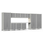 Newage Products Pro 3.0 Series 12-Piece Garage Cabinet Set With 3X Multi-Use Lockers-52444-Platinum-Stainless Steel Worktop-LED Lights-Garage Giant 