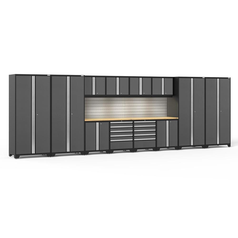 Newage Products Pro 3.0 Series 14-Piece Garage Cabinet Set-58570-Grey-Bamboo Worktop-LED Lights + Slatwall Backsplash-Garage Giant