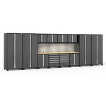 Newage Products Pro 3.0 Series 14-Piece Garage Cabinet Set-58570-Grey-Bamboo Worktop-LED Lights + Slatwall Backsplash-Garage Giant 