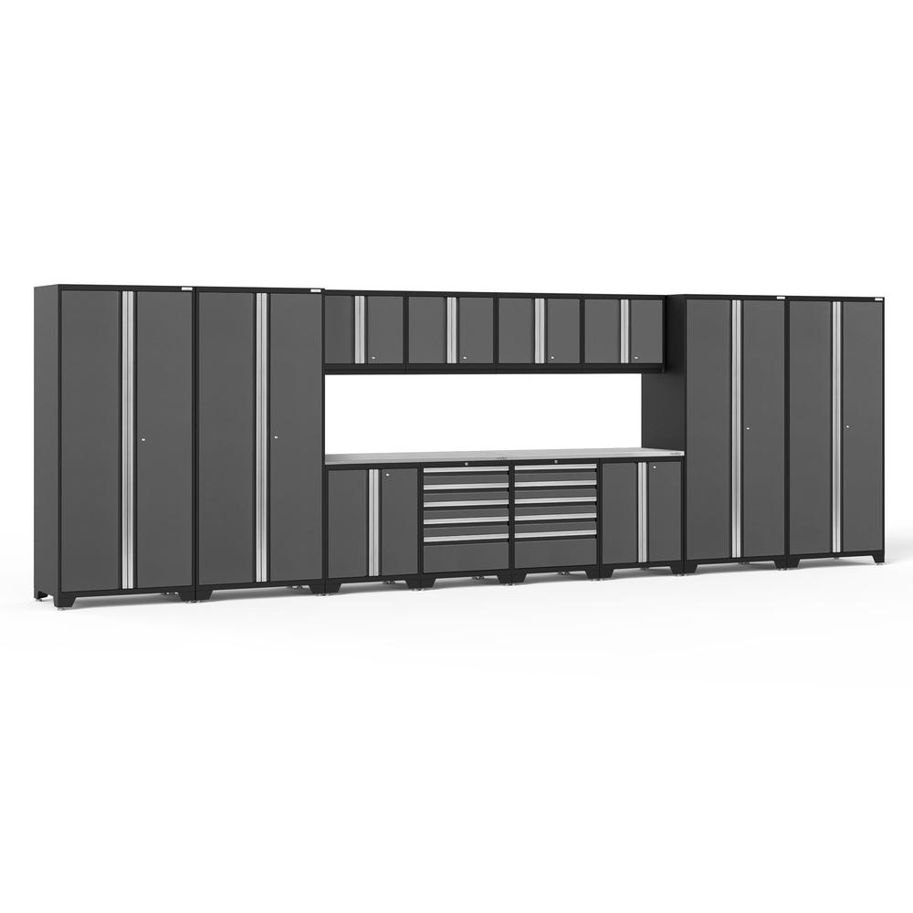 Newage Products Pro 3.0 Series 14-Piece Garage Cabinet Set-51938-Grey-Stainless Steel Worktop-LED Lights-Garage Giant