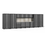Newage Products Pro 3.0 Series 14-Piece Garage Cabinet Set With Multi-Function Cabinet-58560-Grey-Stainless Steel Worktop-LED Lights + Slatwall Backsplash-Garage Giant 