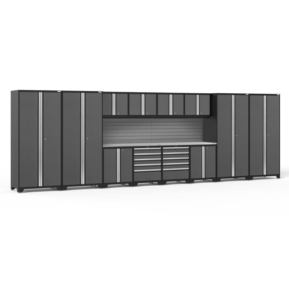 Newage Products Pro 3.0 Series 14-Piece Garage Cabinet Set-58571-Grey-Stainless Steel Worktop-Slatwall Backsplash-Garage Giant