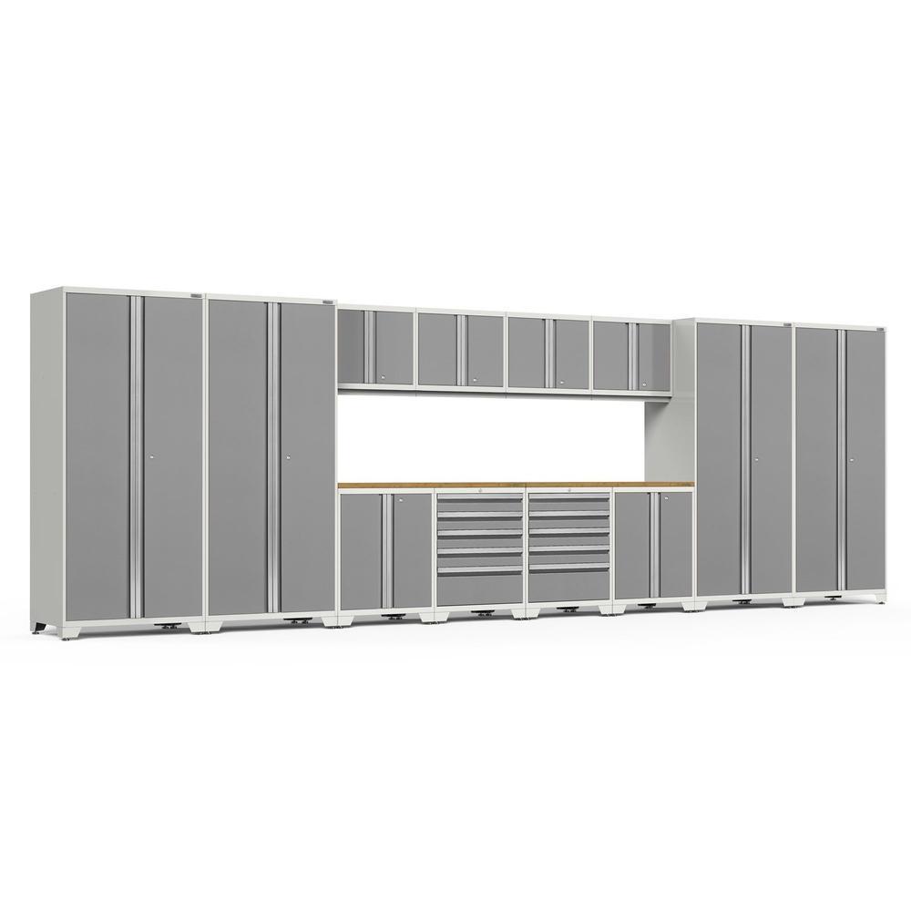 Newage Products Pro 3.0 Series 14-Piece Garage Cabinet Set-52543-Platinum-Bamboo Worktop-None-Garage Giant