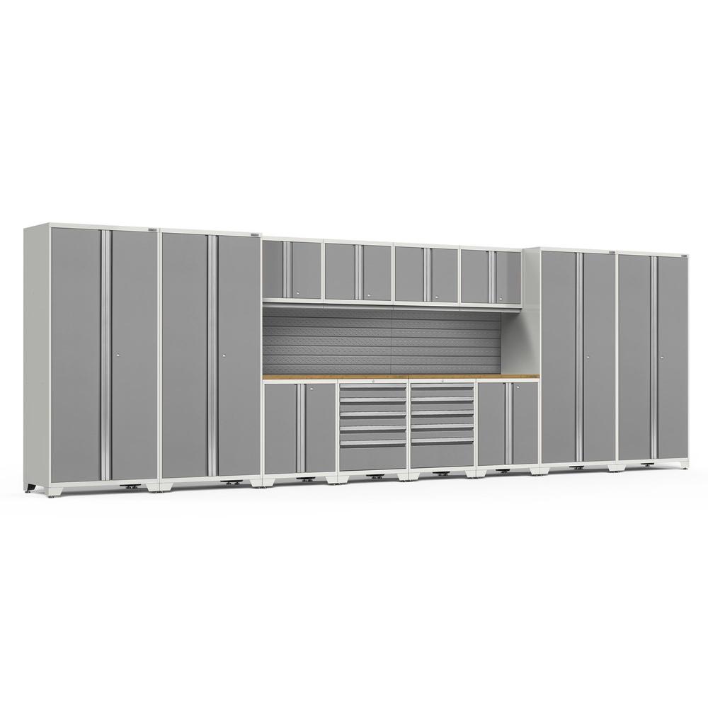 Newage Products Pro 3.0 Series 14-Piece Garage Cabinet Set-58923-Platinum-Bamboo Worktop-Slatwall Backsplash-Garage Giant