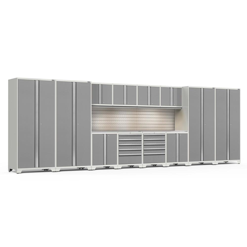Newage Products Pro 3.0 Series 14-Piece Garage Cabinet Set-58926-Platinum-Stainless Steel Worktop-LED Lights + Slatwall Backsplash-Garage Giant