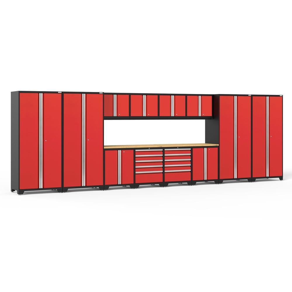 Newage Products Pro 3.0 Series 14-Piece Garage Cabinet Set-52343-Red-Bamboo Worktop-None-Garage Giant