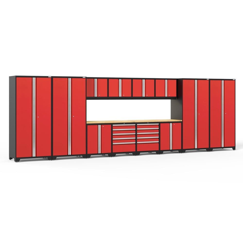 Newage Products Pro 3.0 Series 14-Piece Garage Cabinet Set-51115-Red-Bamboo Worktop-LED Lights-Garage Giant