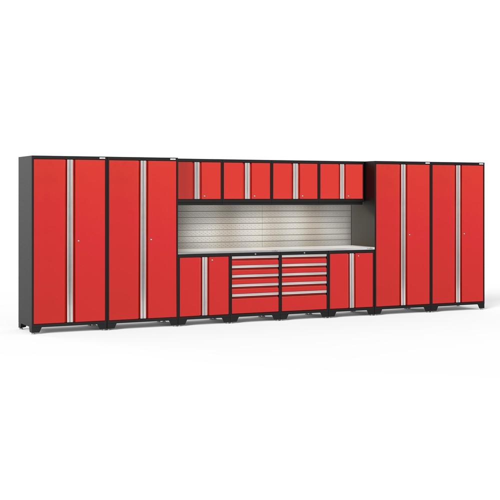 Newage Products Pro 3.0 Series 14-Piece Garage Cabinet Set-58750-Red-Stainless Steel Worktop-LED Lights + Slatwall Backsplash-Garage Giant