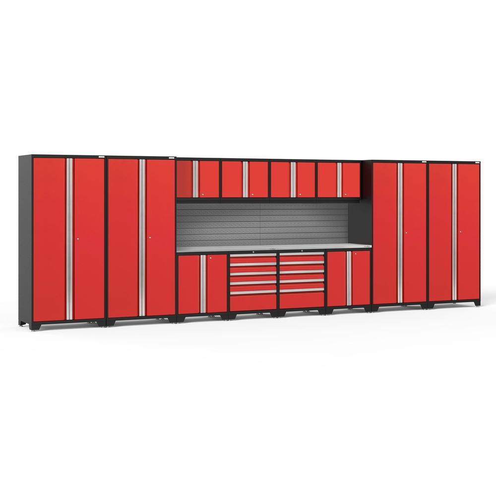 Newage Products Pro 3.0 Series 14-Piece Garage Cabinet Set-58749-Red-Stainless Steel Worktop-Slatwall Backsplash-Garage Giant