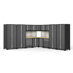 Newage Products Pro 3.0 Series 16-Piece Garage Cabinet Corner Set-58594-Grey-Bamboo Worktop-LED Lights + Slatwall Backsplash-Garage Giant 