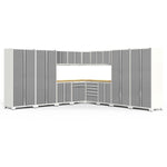Newage Products Pro 3.0 Series 16-Piece Garage Cabinet Corner Set-51322-Platinum-Bamboo Worktop-LED Lights-Garage Giant 