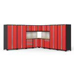 Newage Products Pro 3.0 Series 16-Piece Garage Cabinet Corner Set-58760-Red-Bamboo Worktop-LED Lights + Slatwall Backsplash-Garage Giant 