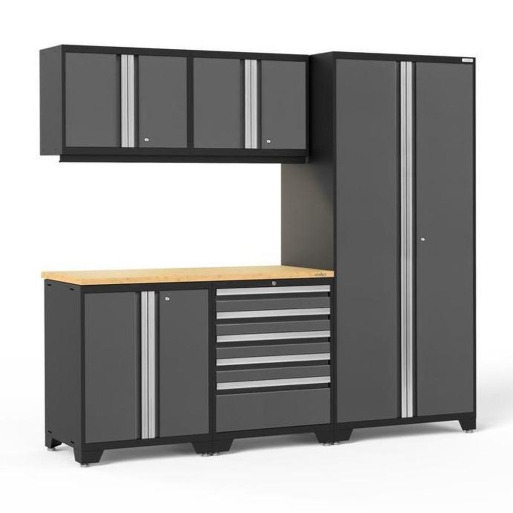 Newage Products Pro 3.0 Series 6-Piece Garage Cabinet Set-51915-Grey-Bamboo Worktop-LED Lights-Garage Giant