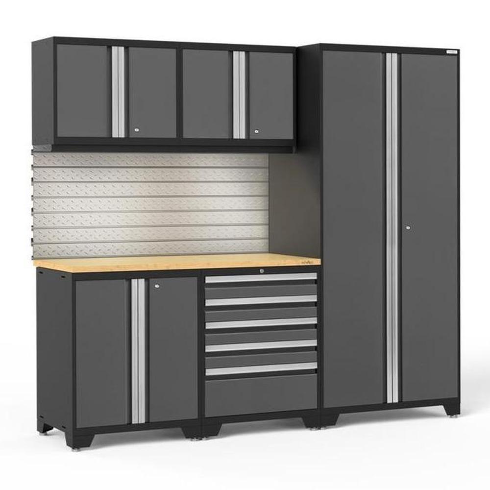 Newage Products Pro 3.0 Series 6-Piece Garage Cabinet Set-58324-Grey-Bamboo Worktop-LED Lights + Slatwall Backsplash-Garage Giant