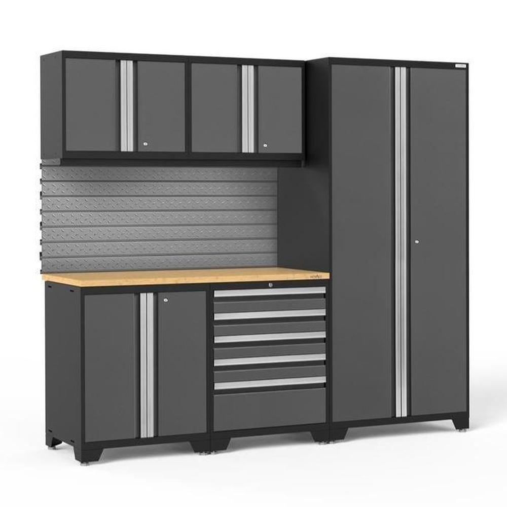 Newage Products Pro 3.0 Series 6-Piece Garage Cabinet Set-58323-Grey-Bamboo Worktop-Slatwall Backsplash-Garage Giant