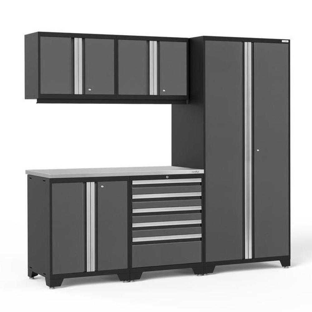 Newage Products Pro 3.0 Series 6-Piece Garage Cabinet Set-52049-Grey-Stainless Steel Worktop-None-Garage Giant