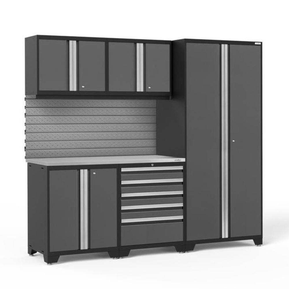 Newage Products Pro 3.0 Series 6-Piece Garage Cabinet Set-58325-Grey-Stainless Steel Worktop-Slatwall Backsplash-Garage Giant