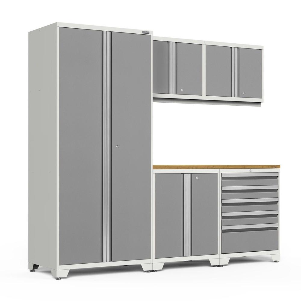 Newage Products Pro 3.0 Series 6-Piece Garage Cabinet Set-51309-Platinum-Bamboo Worktop-LED Lights-Garage Giant