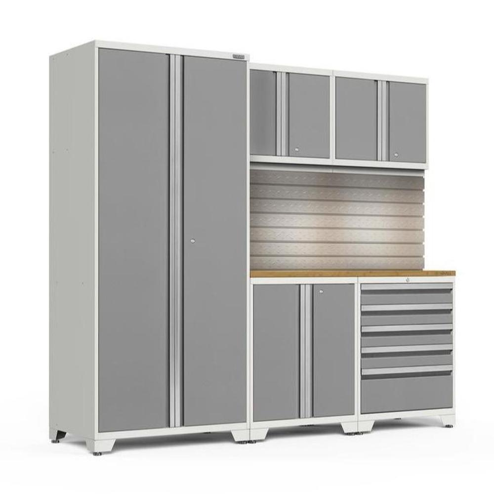 Newage Products Pro 3.0 Series 6-Piece Garage Cabinet Set-58780-Platinum-Bamboo Worktop-LED Lights + Slatwall Backsplash-Garage Giant