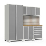Newage Products Pro 3.0 Series 6-Piece Garage Cabinet Set-58780-Platinum-Bamboo Worktop-LED Lights + Slatwall Backsplash-Garage Giant 