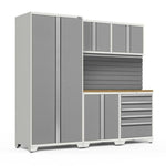 Newage Products Pro 3.0 Series 6-Piece Garage Cabinet Set-58779-Platinum-Bamboo Worktop-Slatwall Backsplash-Garage Giant 