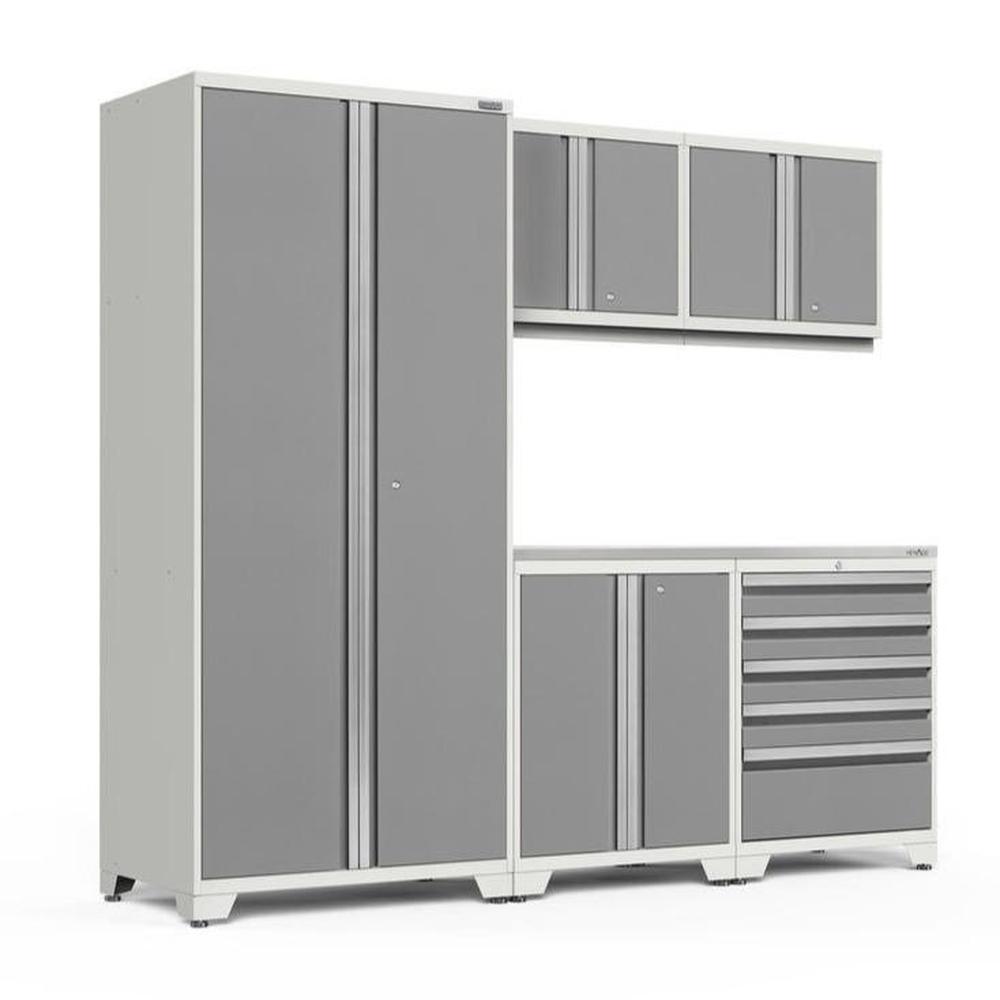 Newage Products Pro 3.0 Series 6-Piece Garage Cabinet Set-59824-Platinum-Stainless Steel Worktop-LED Lights-Garage Giant