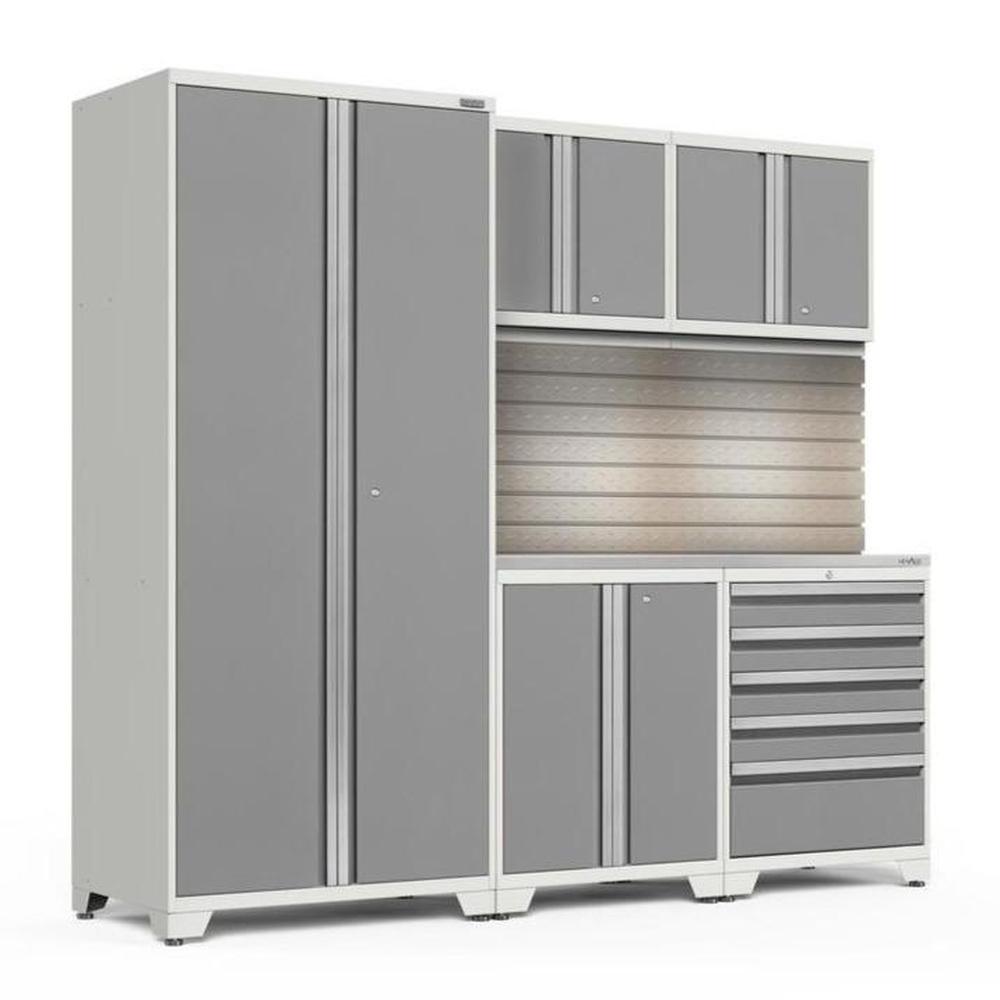 Newage Products Pro 3.0 Series 6-Piece Garage Cabinet Set-59826-Platinum-Stainless Steel Worktop-LED Lights + Slatwall Backsplash-Garage Giant
