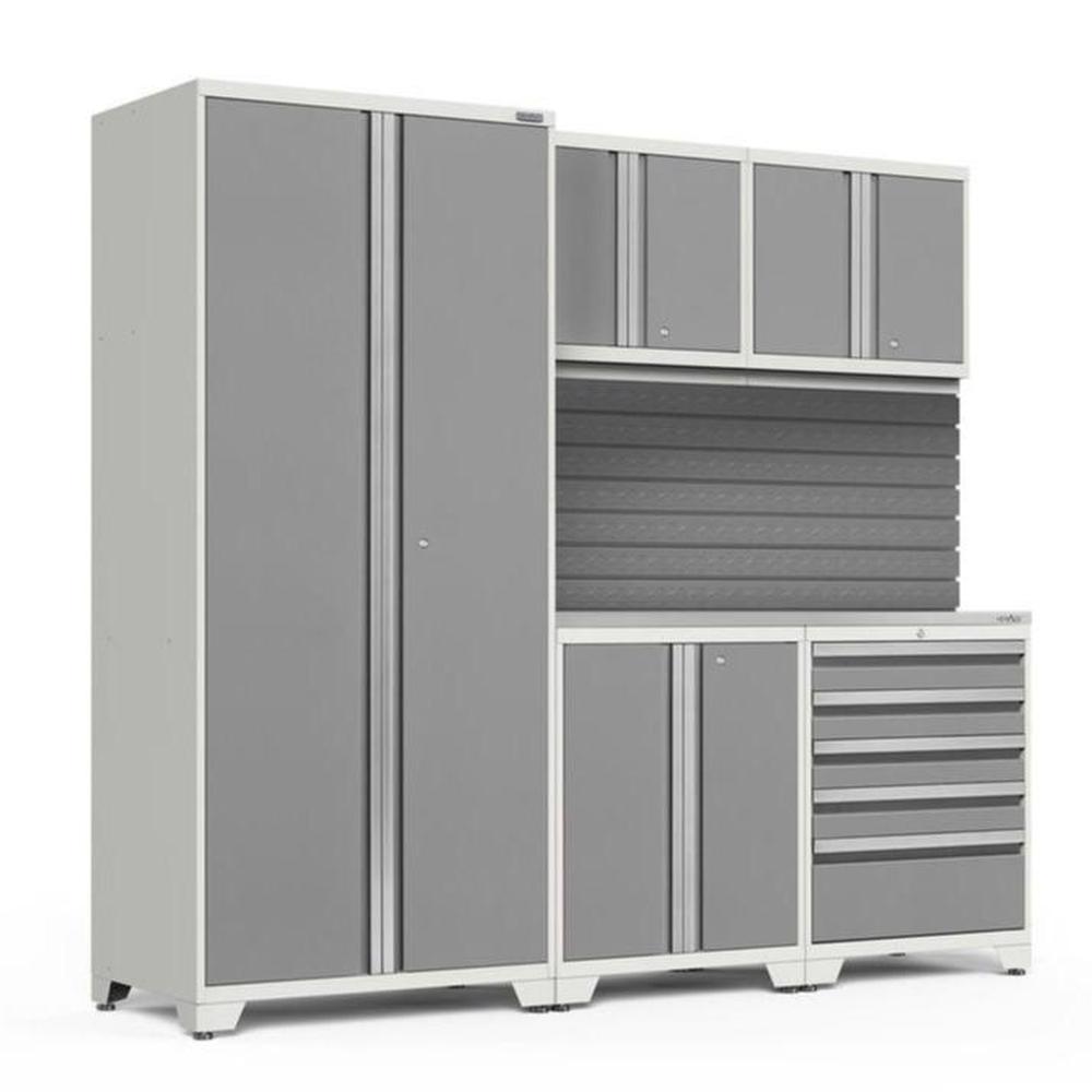 Newage Products Pro 3.0 Series 6-Piece Garage Cabinet Set-59825-Platinum-Stainless Steel Worktop-Slatwall Backsplash-Garage Giant