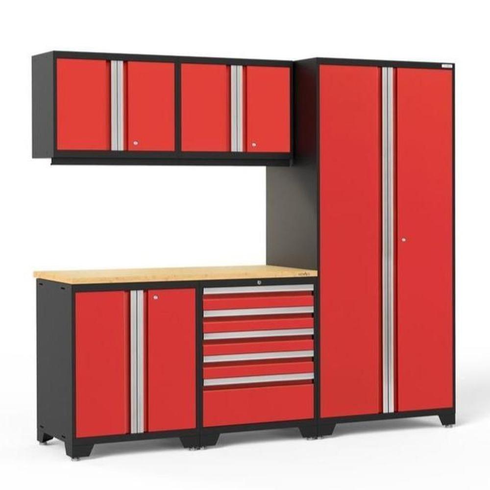Newage Products Pro 3.0 Series 6-Piece Garage Cabinet Set-51106-Red-Bamboo Worktop-LED Lights-Garage Giant