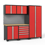 Newage Products Pro 3.0 Series 6-Piece Garage Cabinet Set-58615-Red-Bamboo Worktop-Slatwall Backsplash-Garage Giant 