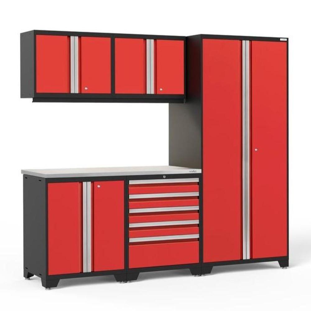 Newage Products Pro 3.0 Series 6-Piece Garage Cabinet Set-59816-Red-Stainless Steel Worktop-LED Lights-Garage Giant