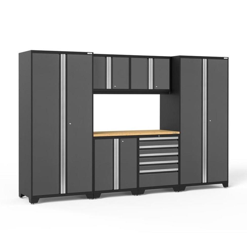 Newage Products Pro 3.0 Series 7-Piece Garage Cabinet Set-52052-Grey-Bamboo Worktop-None-Garage Giant