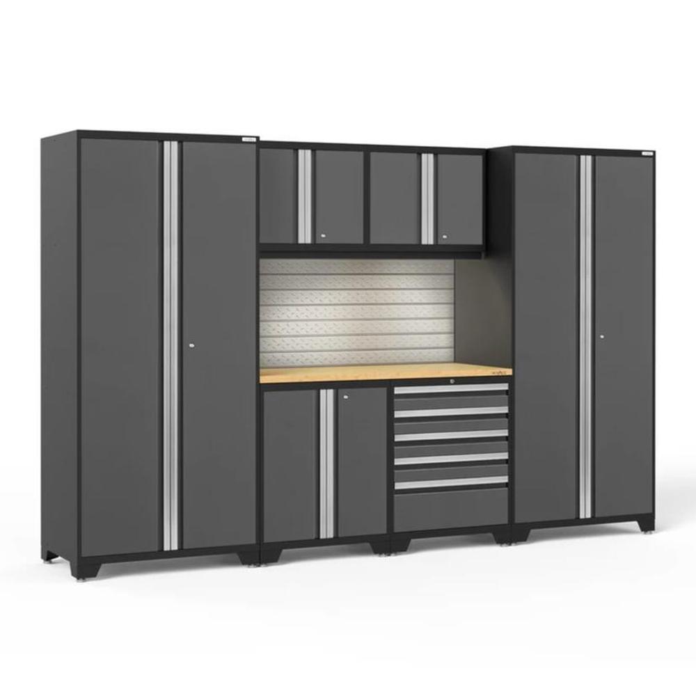 Newage Products Pro 3.0 Series 7-Piece Garage Cabinet Set-58342-Grey-Bamboo Worktop-LED Lights + Slatwall Backsplash-Garage Giant