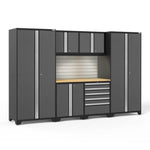 Newage Products Pro 3.0 Series 7-Piece Garage Cabinet Set-58342-Grey-Bamboo Worktop-LED Lights + Slatwall Backsplash-Garage Giant 