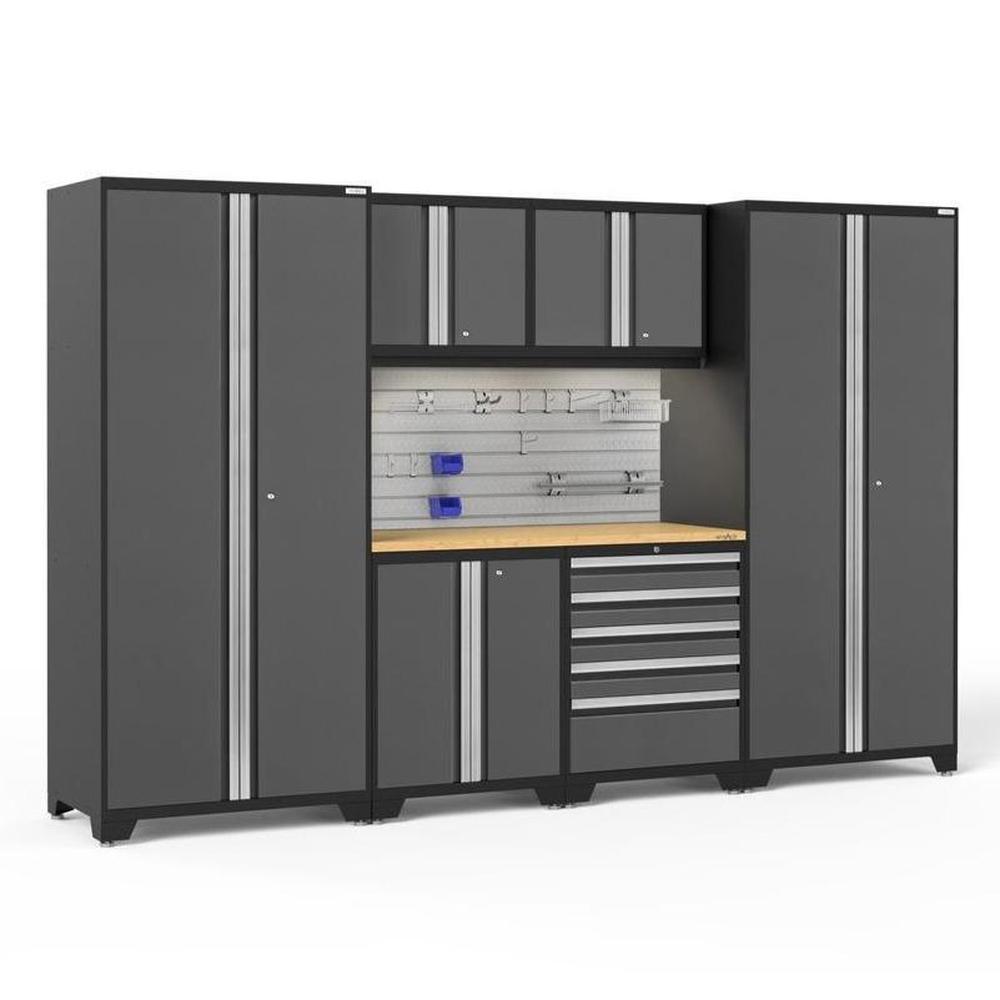 Newage Products Pro 3.0 Series 7-Piece Garage Cabinet Set-51874-Grey-Bamboo Worktop-LED Lights + Slatwall Backsplash + Hook Kit-Garage Giant