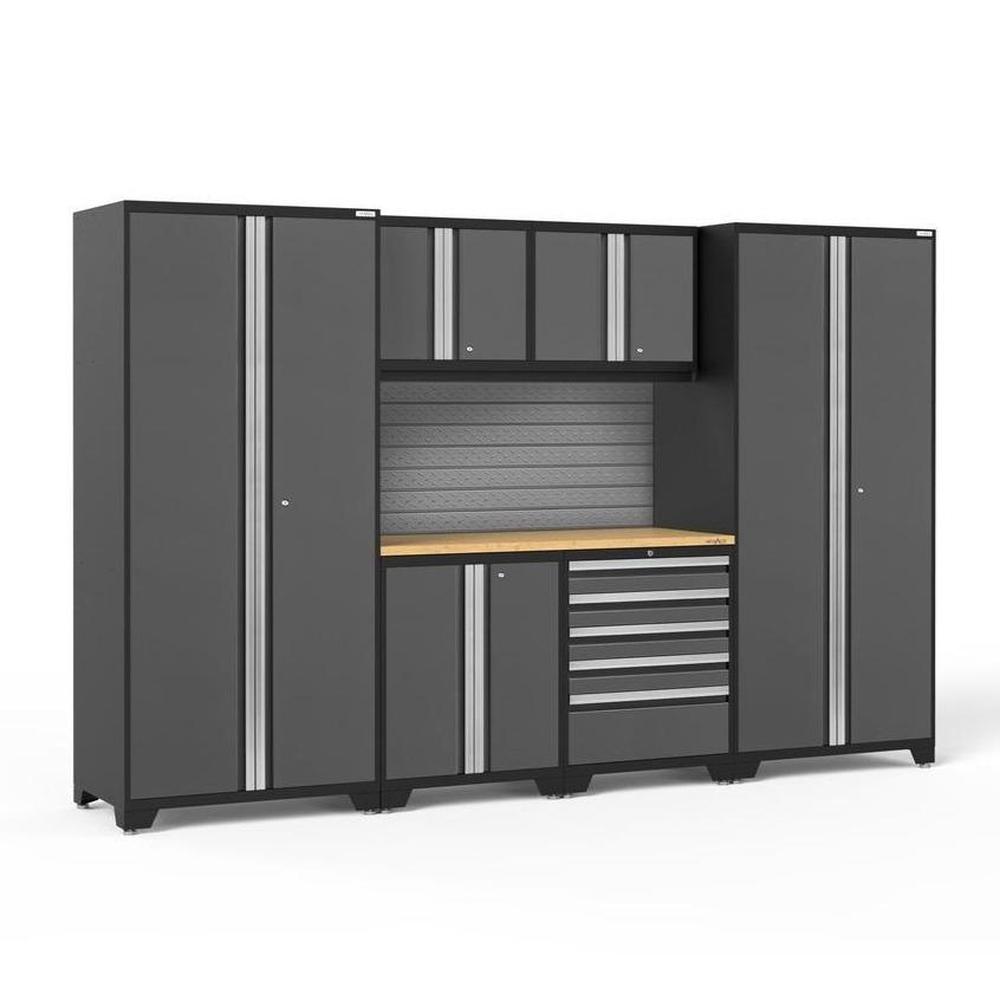 Newage Products Pro 3.0 Series 7-Piece Garage Cabinet Set-58341-Grey-Bamboo Worktop-Slatwall Backsplash-Garage Giant