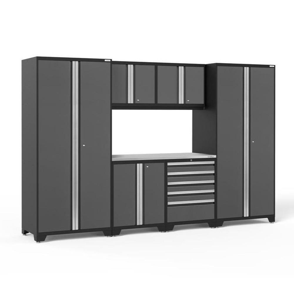 Newage Products Pro 3.0 Series 7-Piece Garage Cabinet Set-52053-Grey-Stainless Steel Worktop-None-Garage Giant